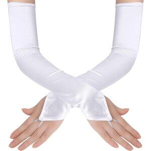 Women's Stretchy White Finger Loop Long Satin Fabric Gloves Opera Party Prom